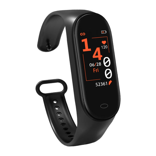 Fitness tracker watch displaying heart rate and date on color screen with waterproof design and adjustable strap.