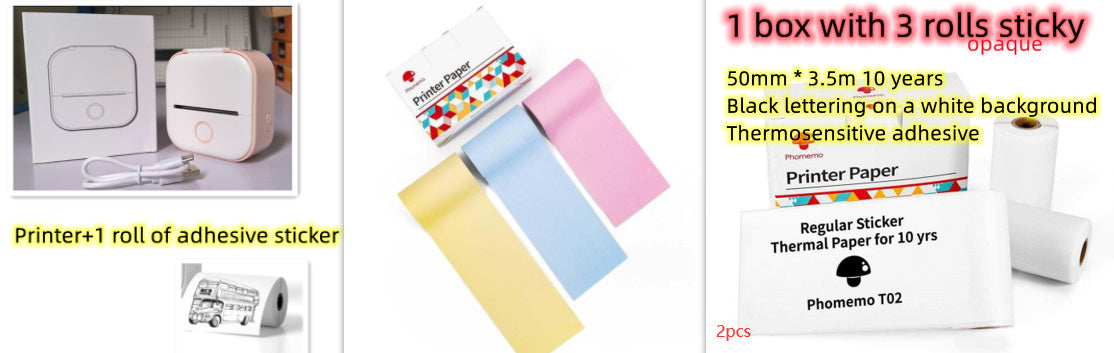 Portable mini thermal label printer with adhesive sticker rolls in various colors for easy labeling and organization.