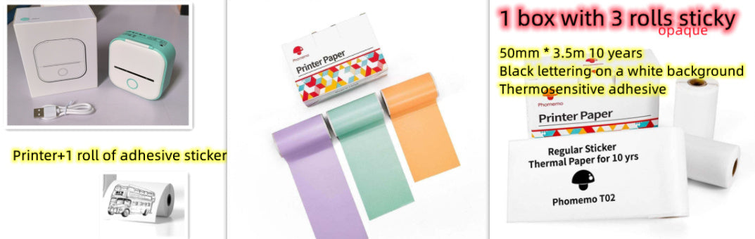Portable mini thermal label printer with adhesive sticker roll and three rolls of thermal paper.
