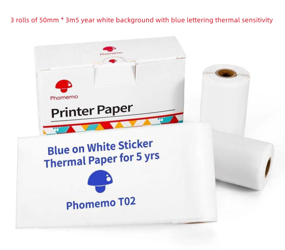 Portable mini thermal label printer paper rolls in pack, blue on white sticker, Phomemo T02, thermal sensitivity.