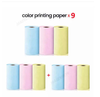 Portable mini thermal label printer color printing paper rolls in blue, pink, and yellow x 9.