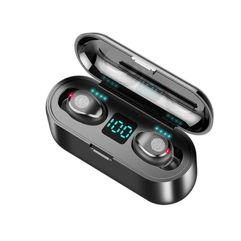 Headphones Waterproof Sports Bluetooth Wireless Headphones in a charging case with LED display and ergonomic design.