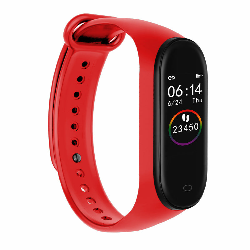 Fitness tracker watch in red with color display, tracking steps and health metrics, waterproof design.