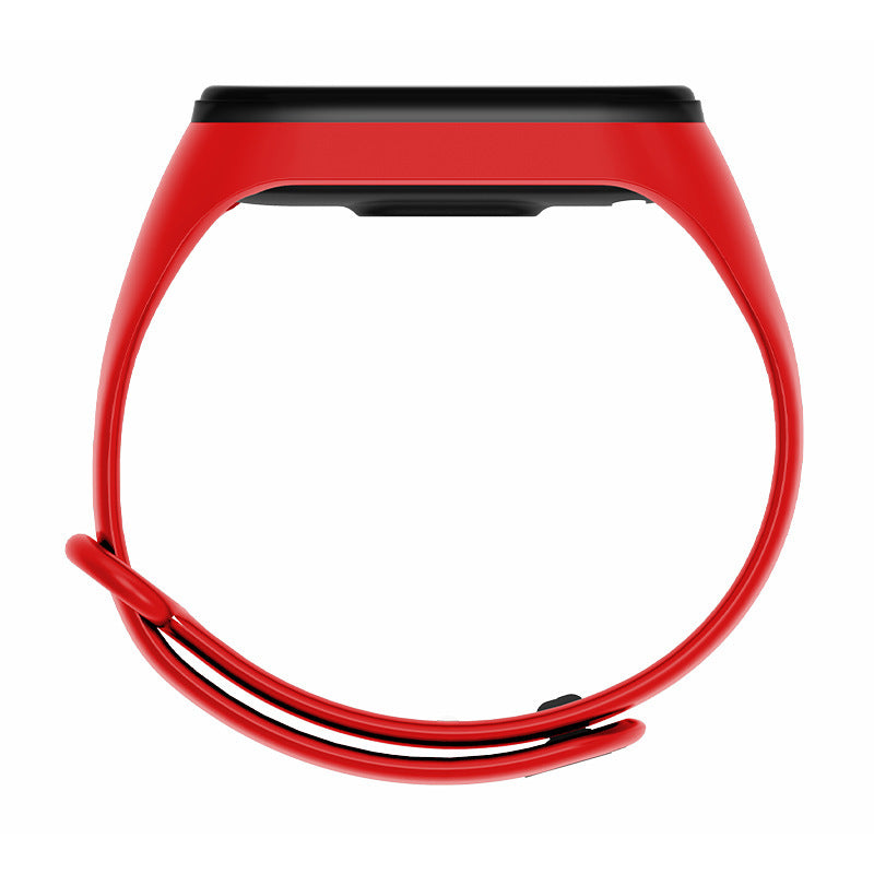 Fitness tracker watch in red band design, showcasing a sleek, waterproof smart bracelet for health monitoring.