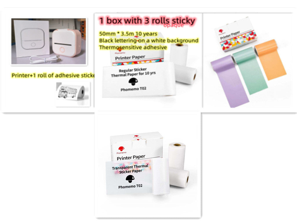 Portable mini thermal label printer accessories including adhesive rolls and thermal sticker paper.