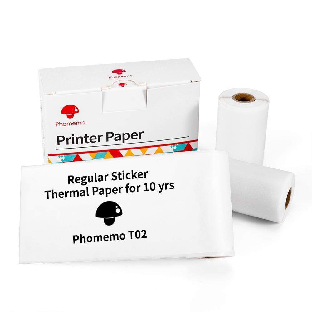 Portable mini thermal label printer supplies including thermal printer paper rolls and box.