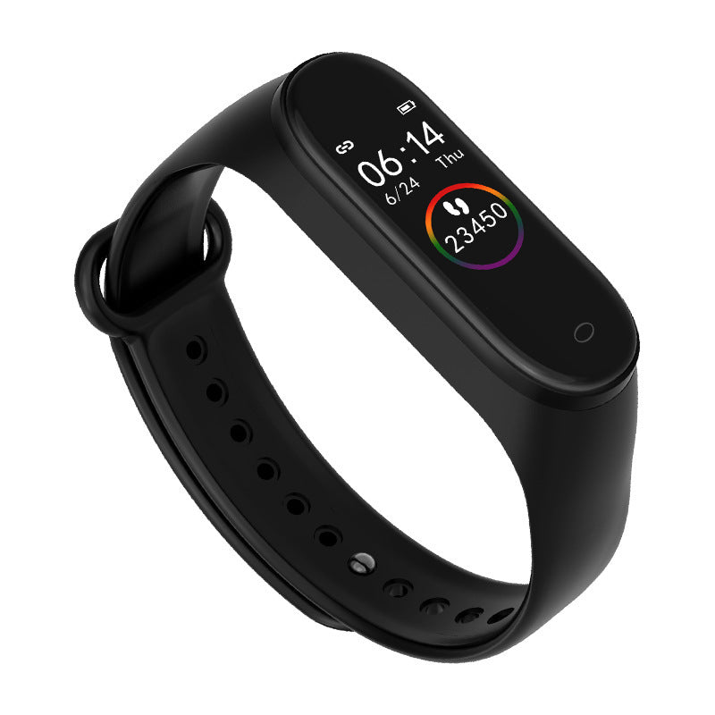 Fitness tracker watch displaying time, date, and step count on a sleek black bracelet with a touchscreen.