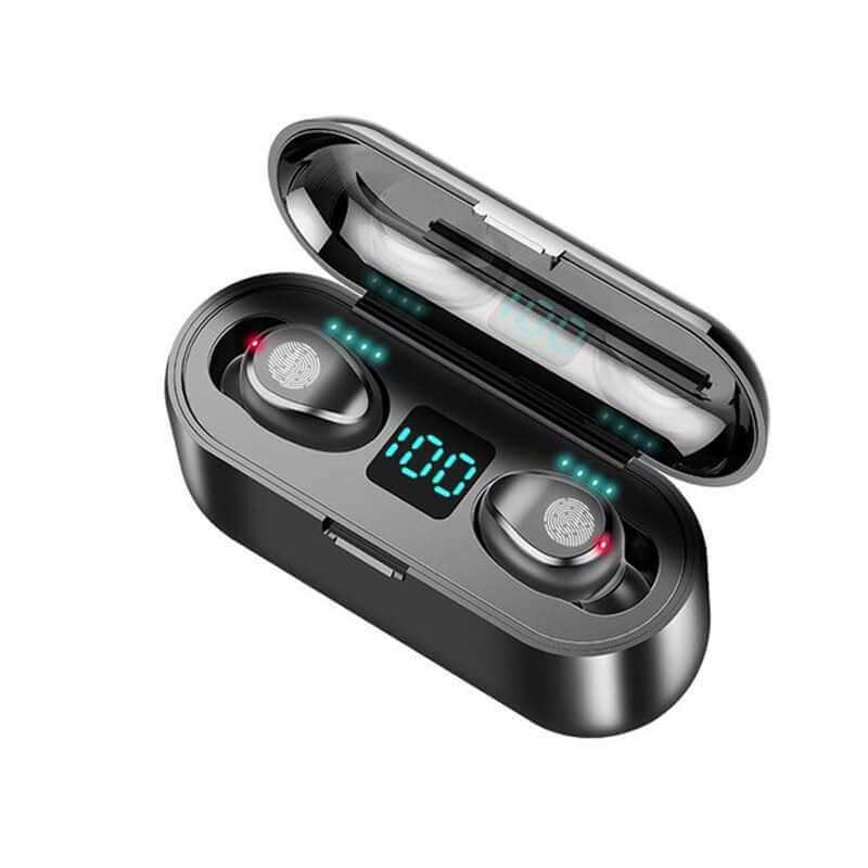 Headphones Waterproof Sports Bluetooth Wireless Headphones in charging case with digital display, showcasing portable, ergonomic design.