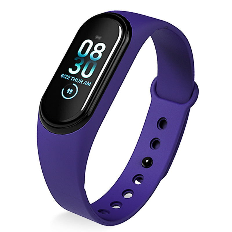 Fitness tracker watch in purple band displaying time and fitness data on a color screen.