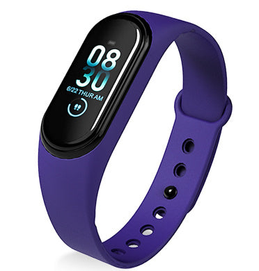Fitness tracker watch in purple with a color screen displaying time and activity metrics.