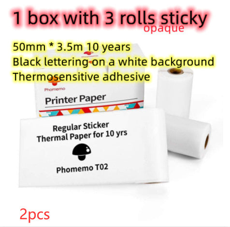 Portable mini thermal label printer supplies including box with 3 rolls of thermal adhesive printer paper.