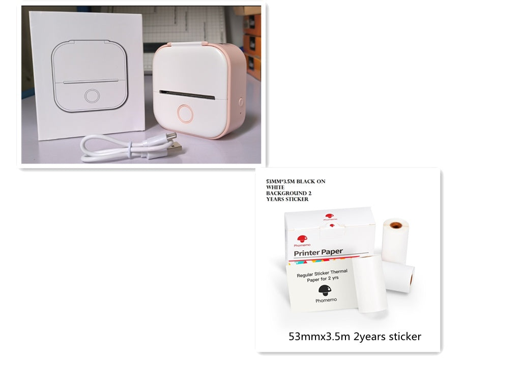 Portable mini thermal label printer with packaging and printer paper for convenient label printing.