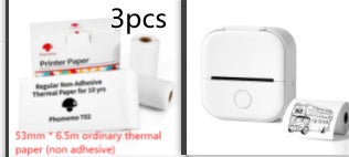 Portable mini thermal label printer accessories with printer paper, showing 3pcs of non-adhesive thermal paper.