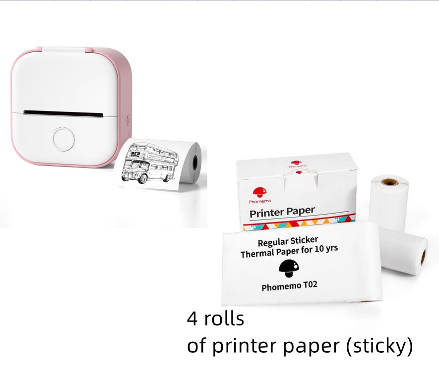 Portable mini thermal label printer with 4 rolls of sticky printer paper for convenient labeling.