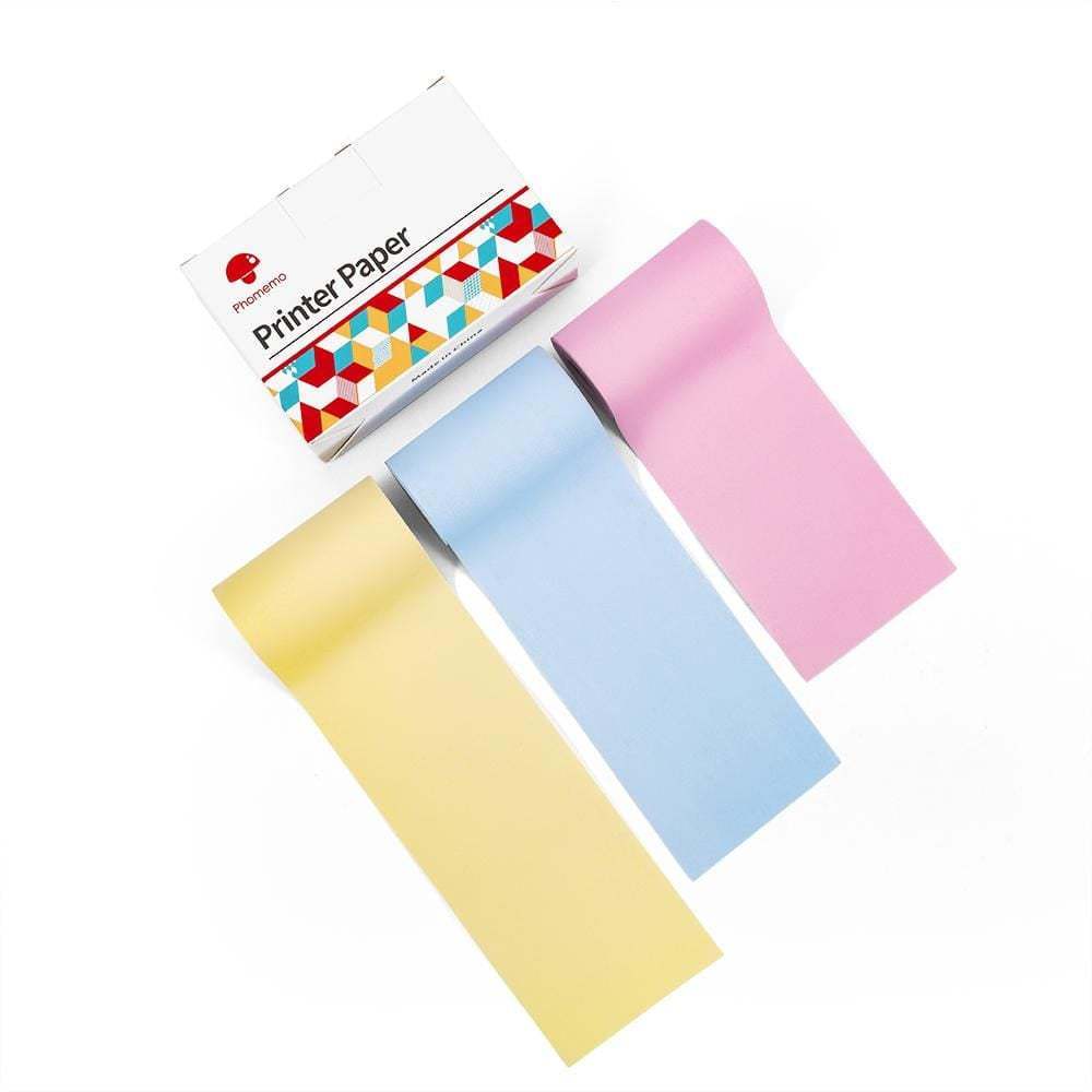Colorful printer paper rolls in yellow, blue, and pink packaging for portable mini thermal label printer.