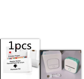 Portable mini thermal label printer bundle with printer paper and accessories.