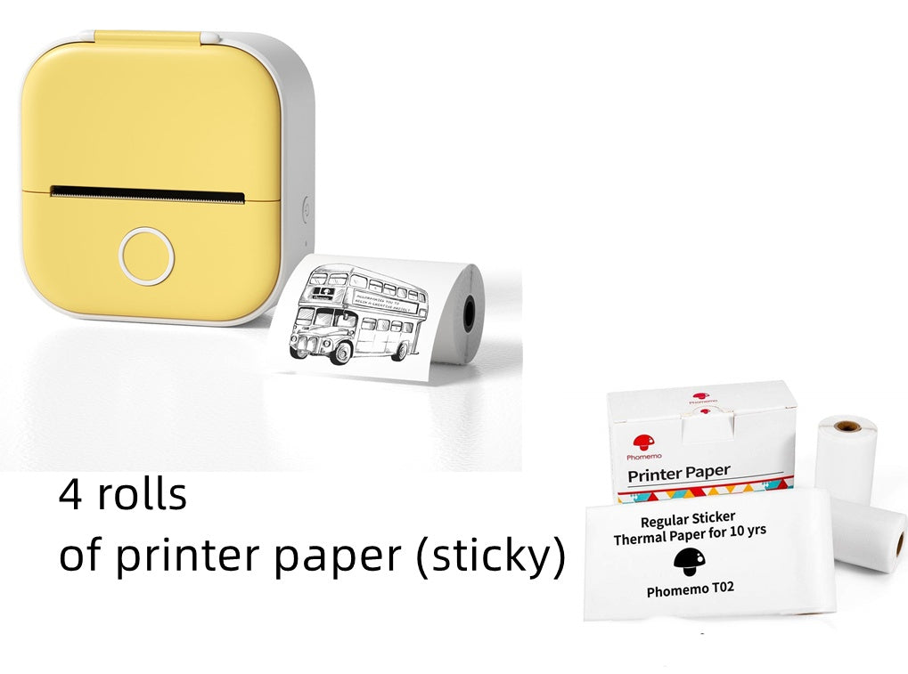 Portable mini thermal label printer with 4 rolls of sticky printer paper and printed example on display.