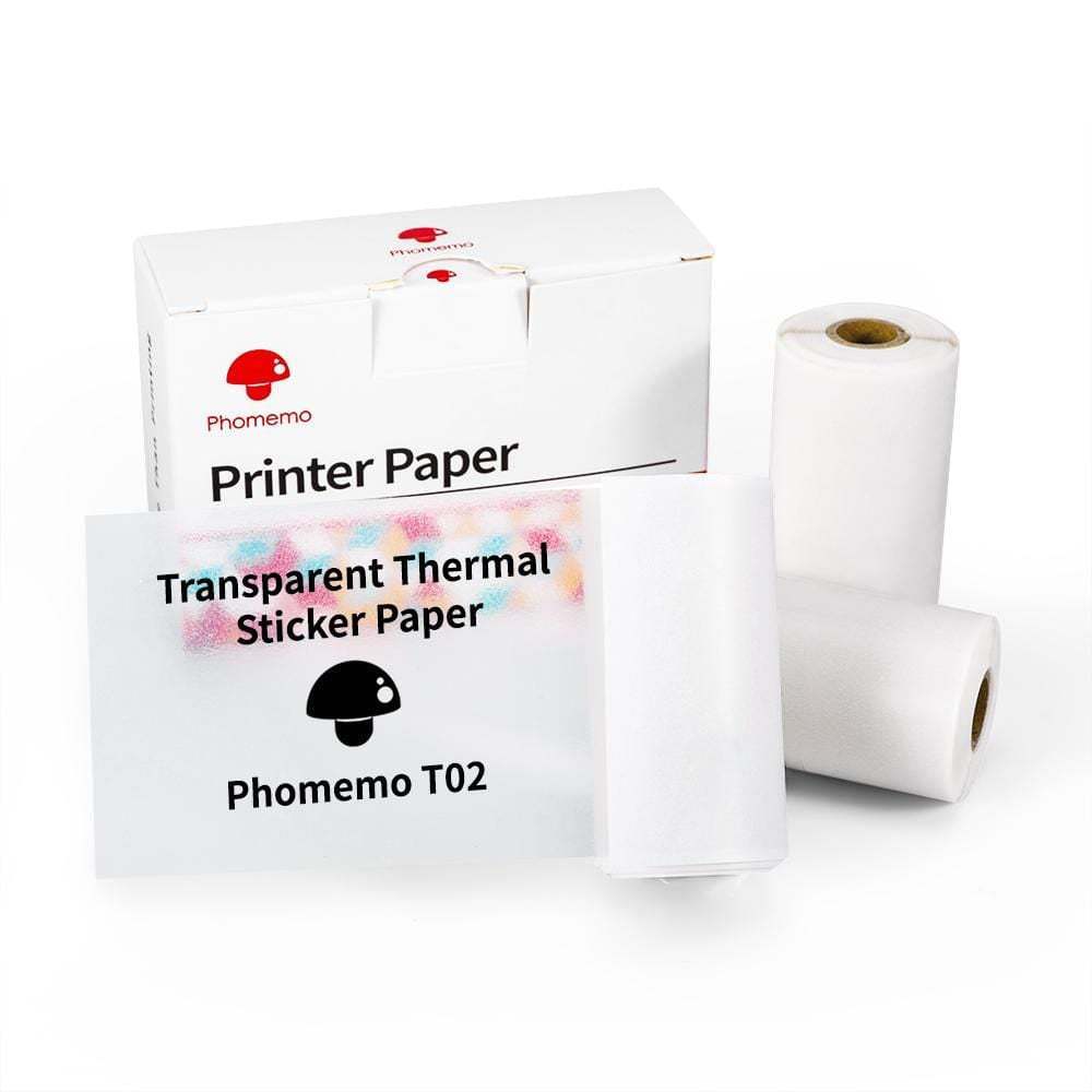 Portable mini thermal label printer supplies including transparent thermal sticker paper rolls.