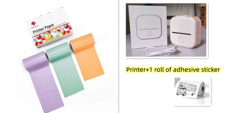 Portable mini thermal label printer with colorful printer paper and adhesive sticker roll.