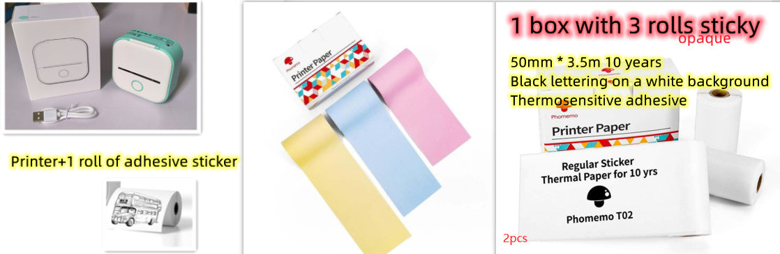 Portable mini thermal label printer with adhesive stickers and thermal paper rolls on a white background.