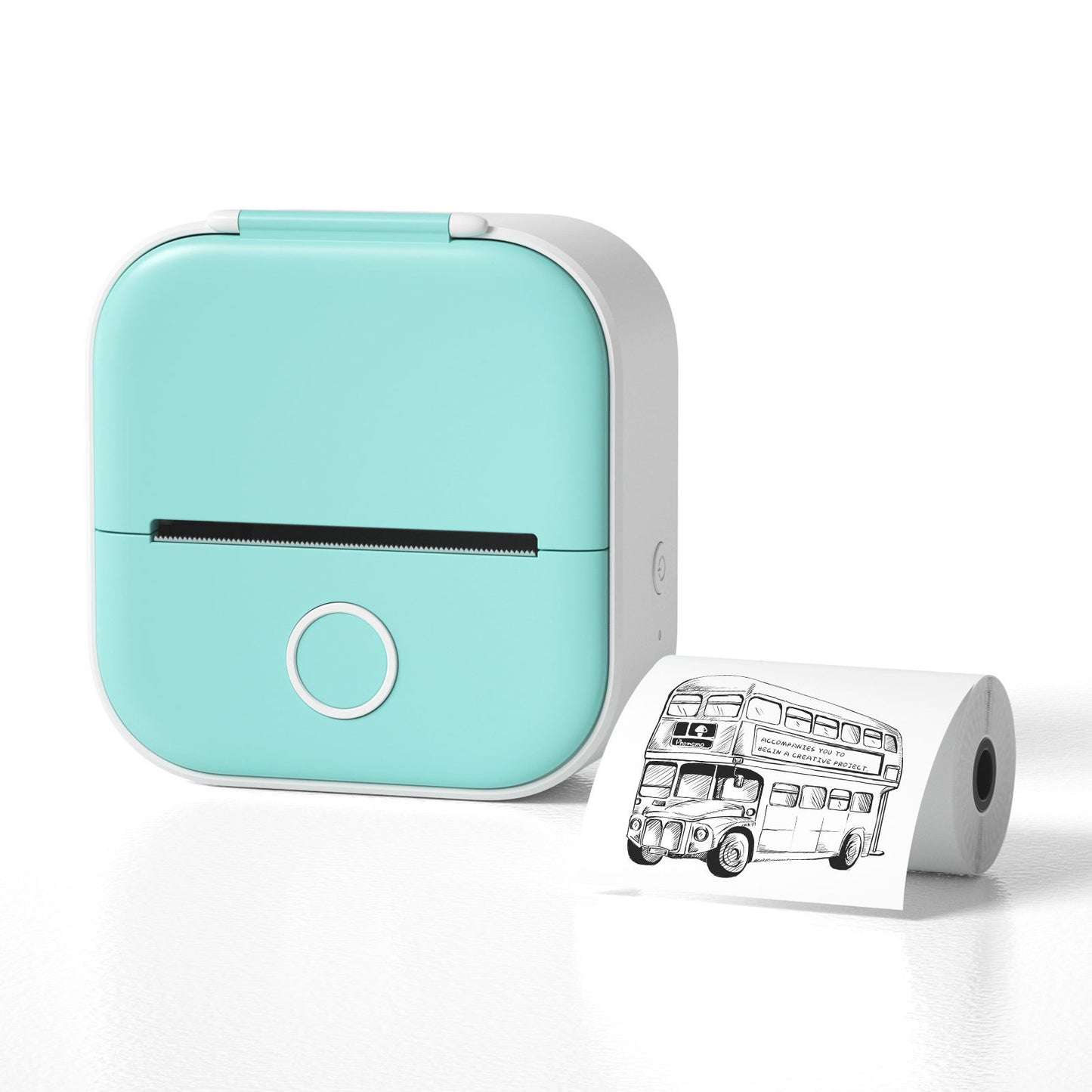 Portable mini thermal label printer in teal with printed label of a double-decker bus.