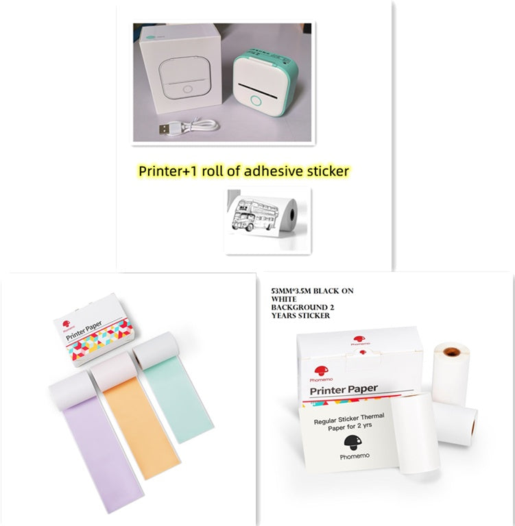 Portable mini thermal label printer with accessories including adhesive stickers and printer paper rolls.
