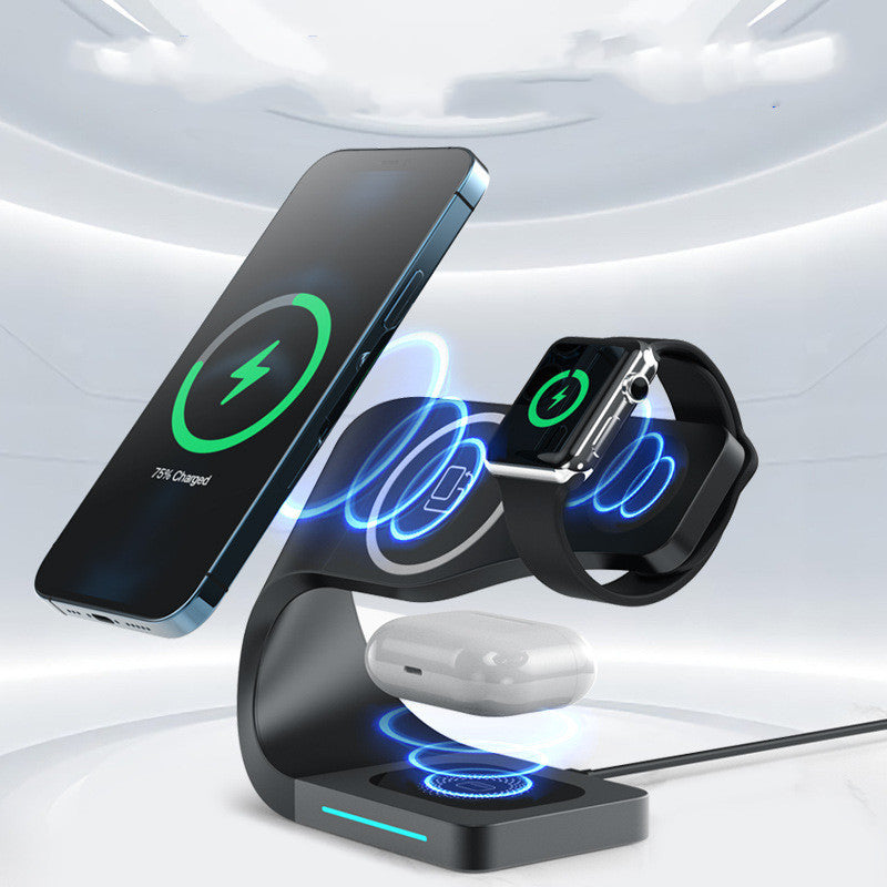 Wireless charging stand for phone, watch, and earbuds with 15W fast charging and LED indicator.