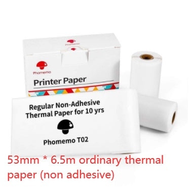 Portable mini thermal label printer supplies including non-adhesive thermal paper by Phomemo.