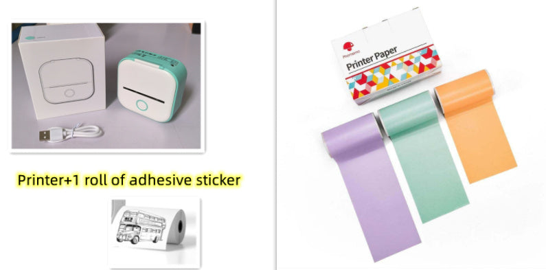 Portable mini thermal label printer with printer paper and adhesive sticker roll.