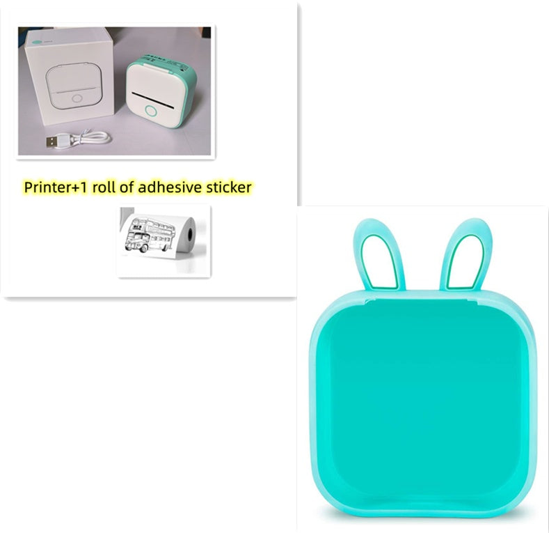 Portable mini thermal label printer in teal color with adhesive sticker roll. Compact design for easy use.
