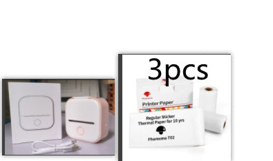 Portable mini thermal label printer and 3pcs thermal paper set displayed together.