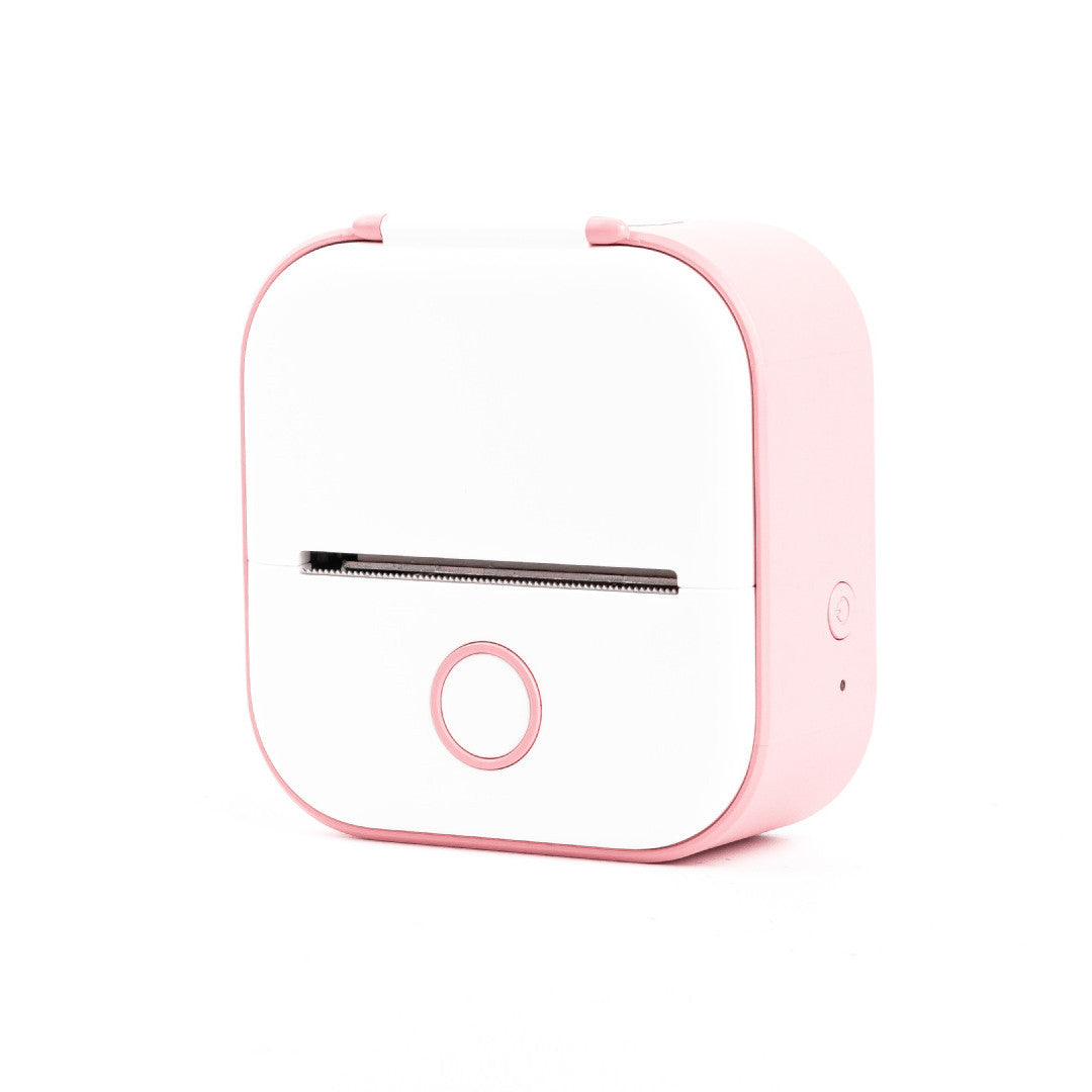 Portable mini thermal label printer in pink and white design, compact and Bluetooth compatible for easy printing.
