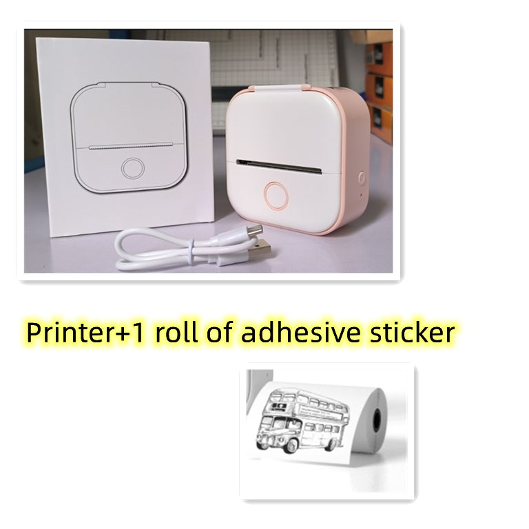 Portable mini thermal label printer with charger and adhesive sticker roll, compact design for easy use.