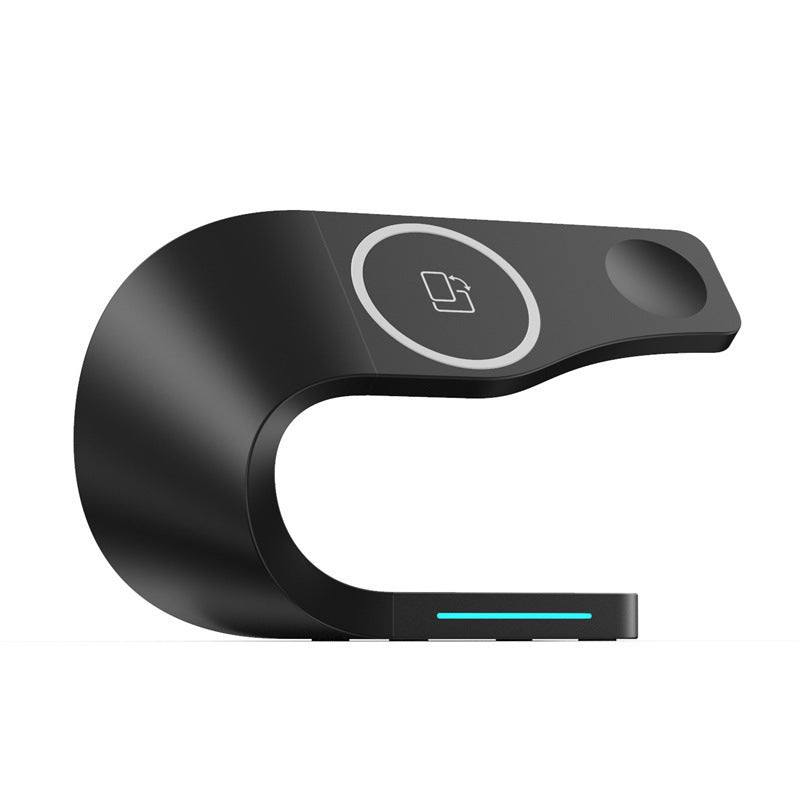 Wireless charging stand for phone, watch, and earbuds, offering 15W fast charging capability.