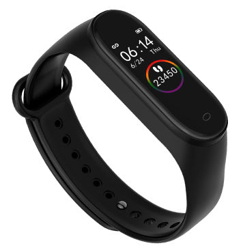 Fitness tracker watch displaying time and steps on a sleek black bracelet, perfect for health monitoring and daily use.
