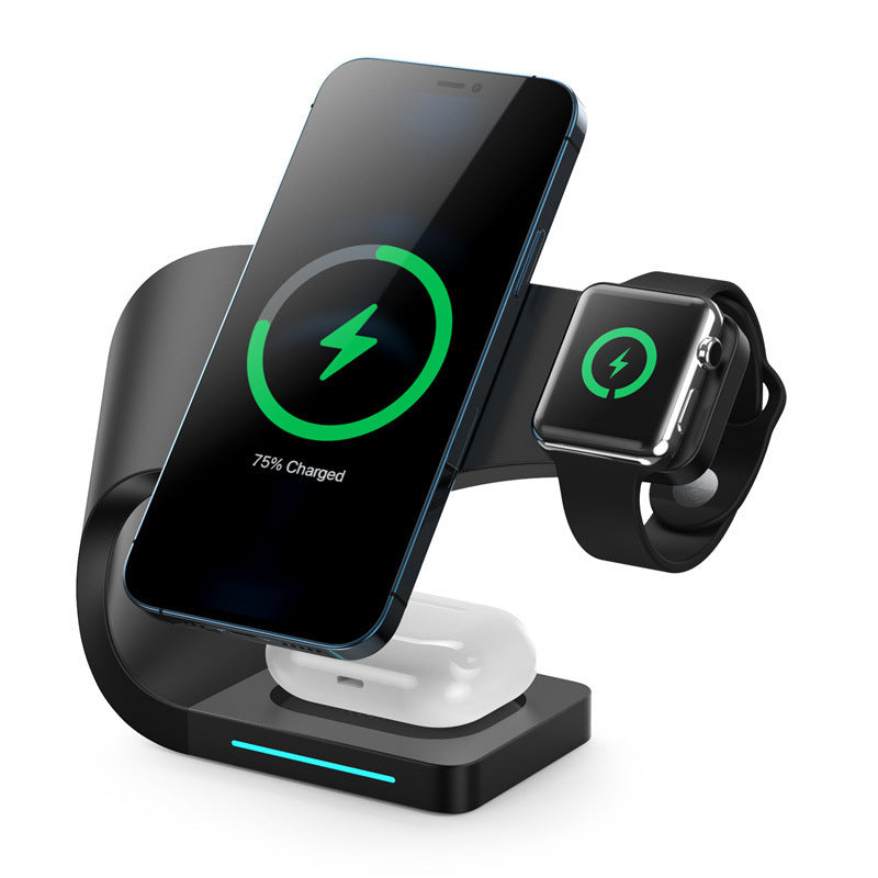 Wireless charging stand with 15W fast charging for phone, watch, and earbuds simultaneously. LED indicator shows charging status.