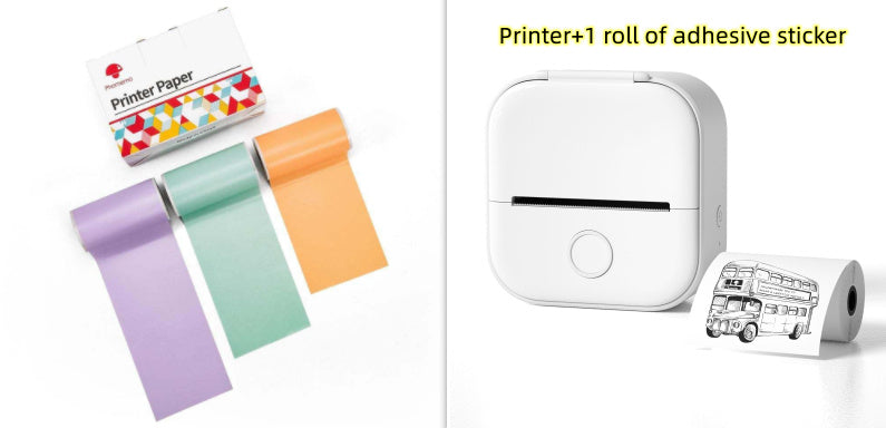 Portable Mini Thermal Label Printer with colored printer paper rolls and adhesive sticker.