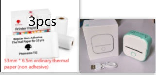 Portable mini thermal label printer accessories including thermal paper and printer unit.