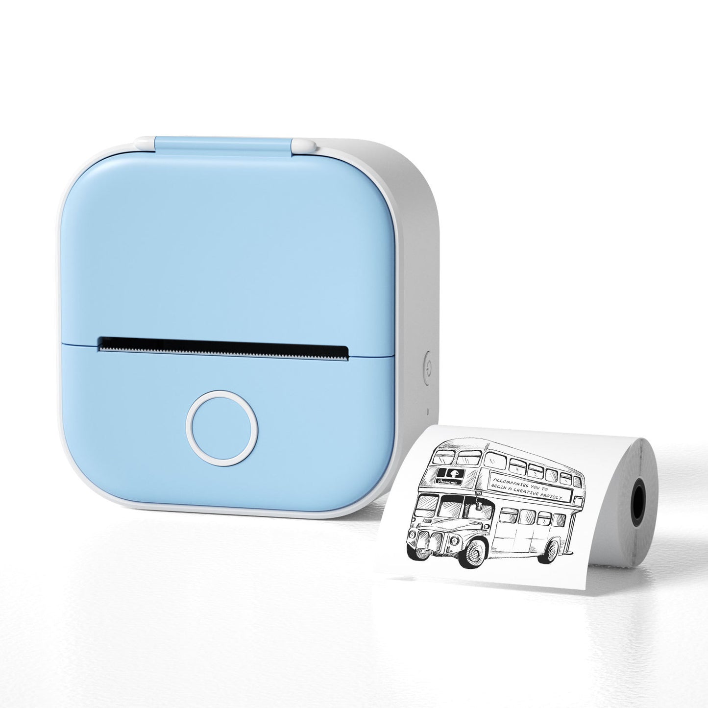 Portable mini thermal label printer in blue with printed label showing a vintage bus.