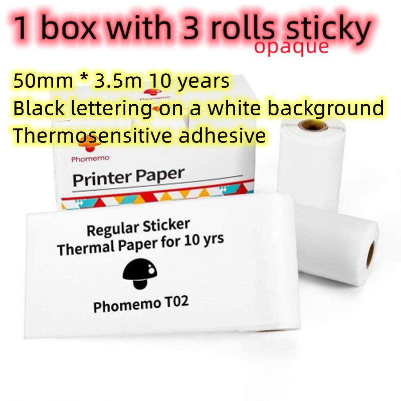 Portable mini thermal label printer paper, 3 rolls, black lettering on white, thermosensitive adhesive, 10-year durability.