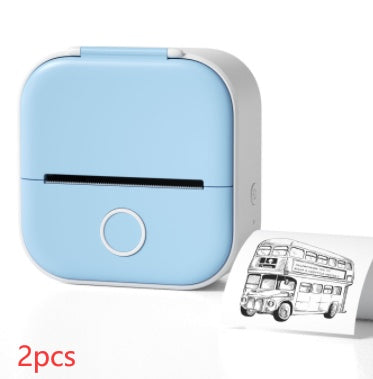 Portable mini thermal label printer in blue with printed design beside it.