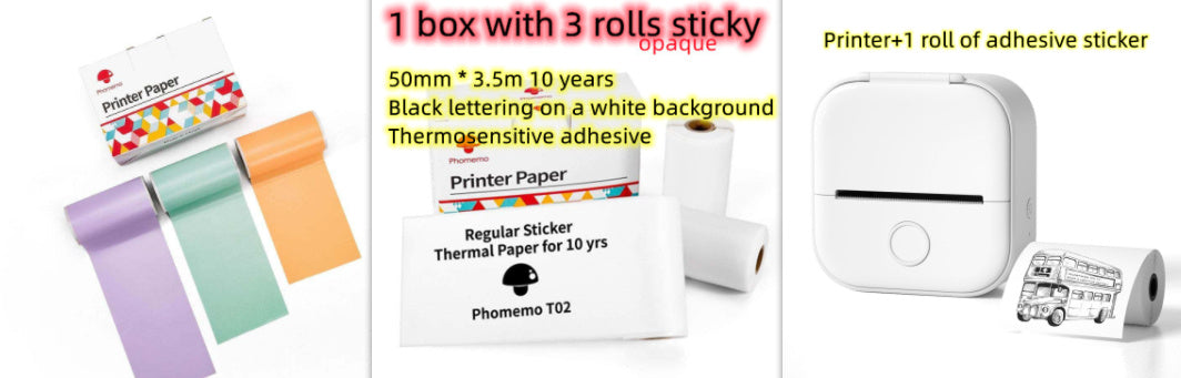 Portable mini thermal label printer supplies including printer paper and adhesive stickers.