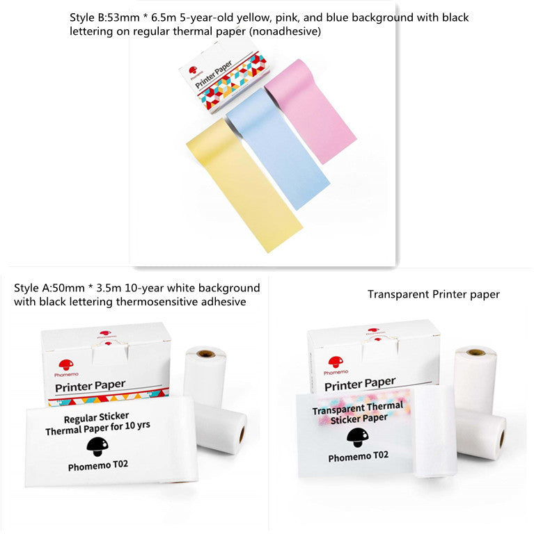 Portable Mini Thermal Label Printer accessories featuring colorful printer paper styles and thermal sticker rolls.