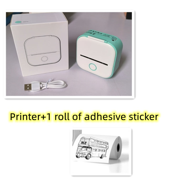 Portable mini thermal label printer with USB cable and a roll of adhesive stickers.