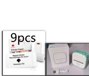 Portable mini thermal label printer accessories including printer paper, stickers, and USB cable.
