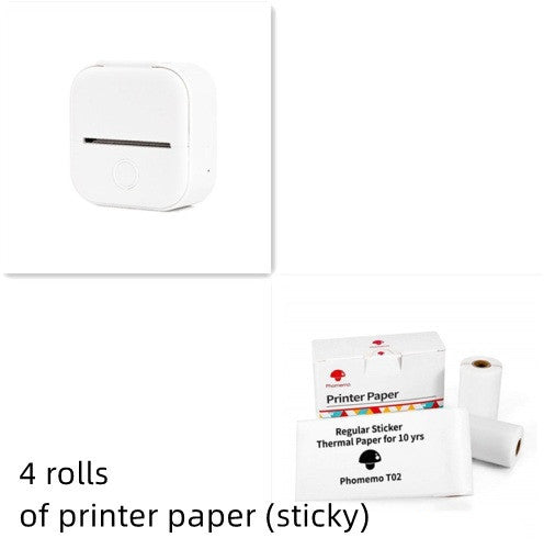 Portable mini thermal label printer with 4 rolls of sticky printer paper.