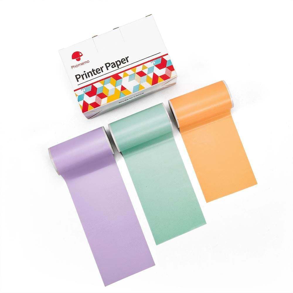 Portable mini thermal label printer papers in various colors including purple, green, and orange. Suitable for printing labels.