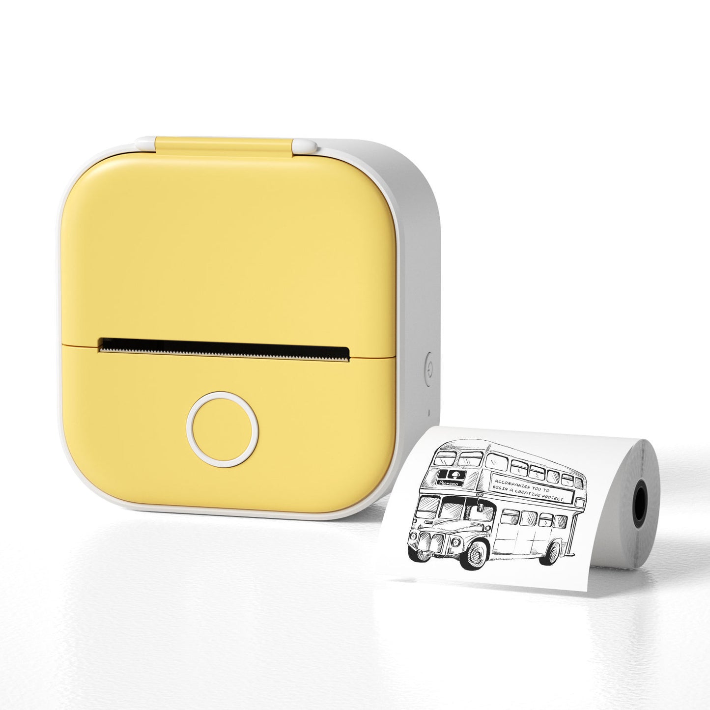Portable mini thermal label printer in yellow with printed bus illustration.
