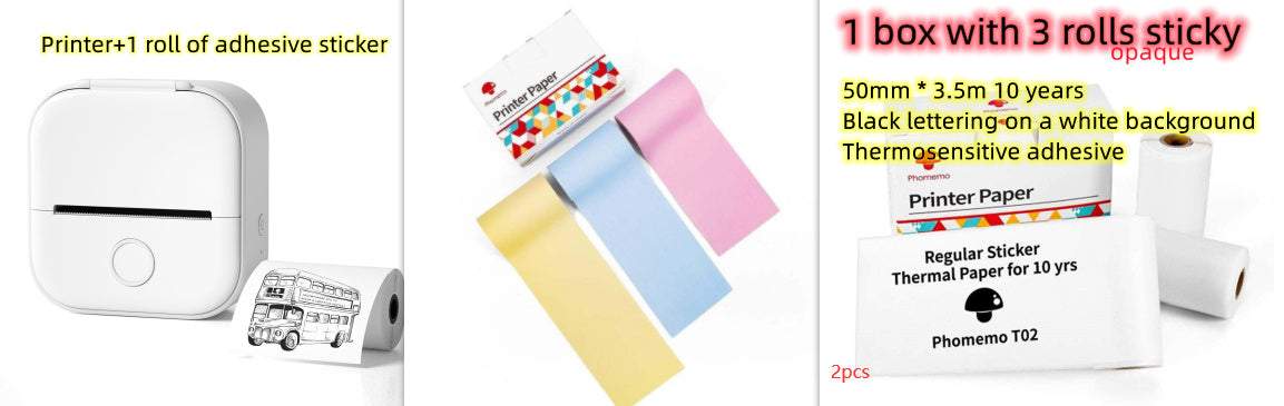 Portable mini thermal label printer with adhesive sticker and printer paper rolls for versatile labeling.