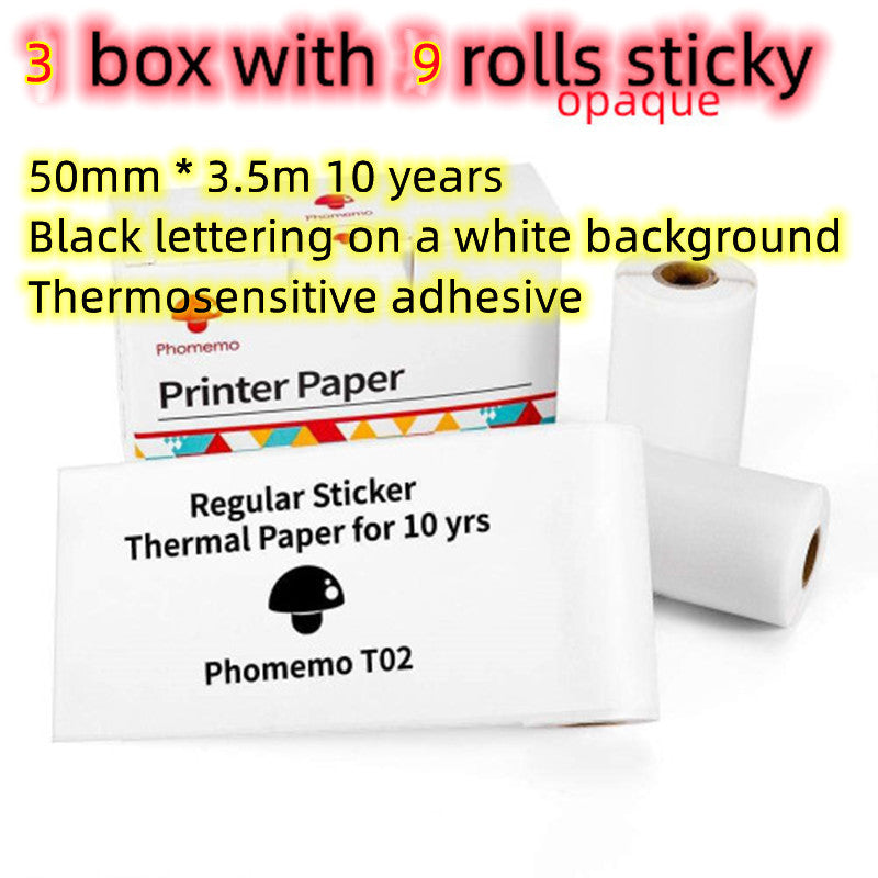 Portable mini thermal label printer rolls, 9 sticky thermal papers, 50mm x 3.5m, with thermosensitive adhesive.